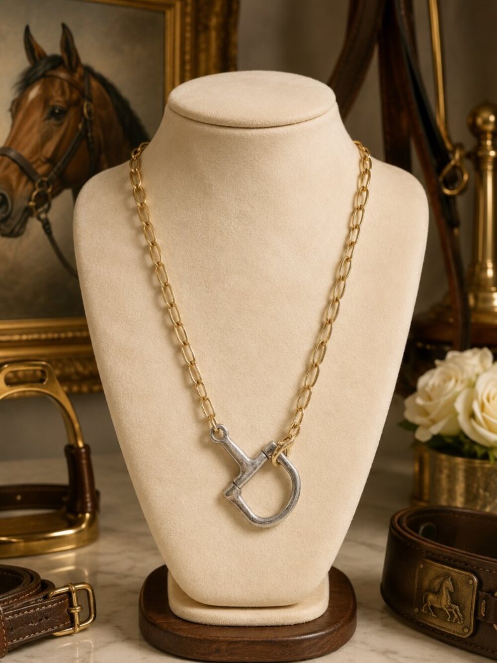 Two-Tone Snaffle Bit Necklace, Gold Chain Equestrian Pendant, Horse Lover Jewelr